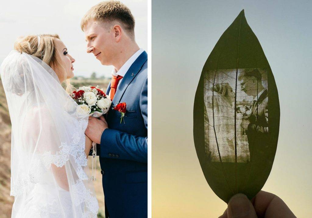 New couple wedding printed on leaf.