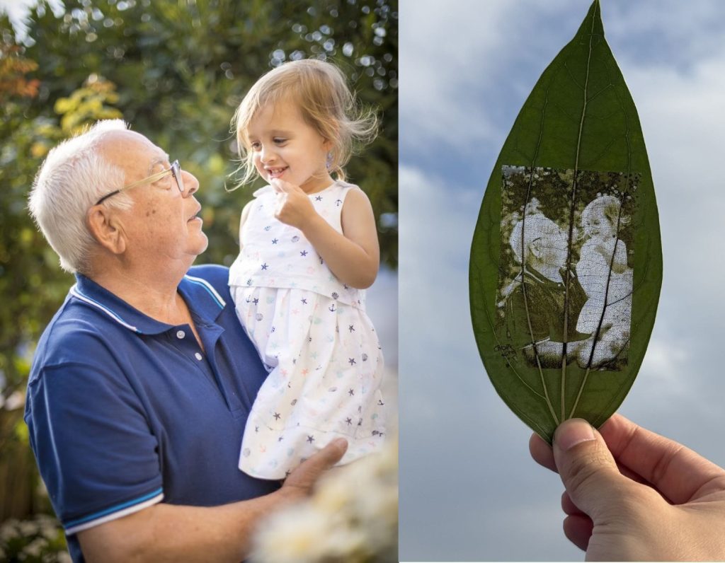 Family gist with grandpa and granddaughter printed on a leaf