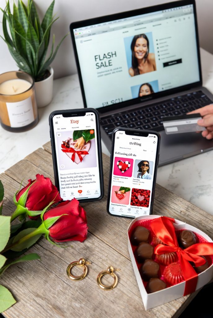 Smart shopping for valentines gifts for her in 2026 – laptop displaying flash sale, phone on Etsy app, credit card, red roses and succulent on wooden table.
